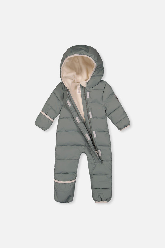 Deux par Deux sage green Baby Cloud snowsuit unzipped to show the fleece lining