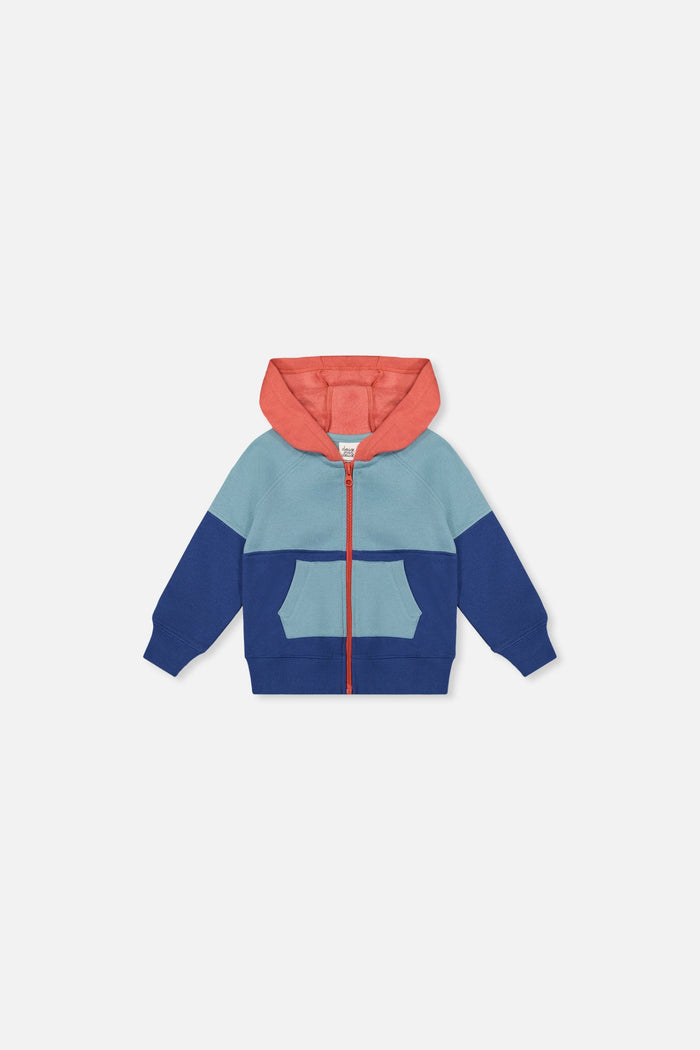 Deux par Deux baby boys hooded fleece jacket in blue, turquoise and orange, front view