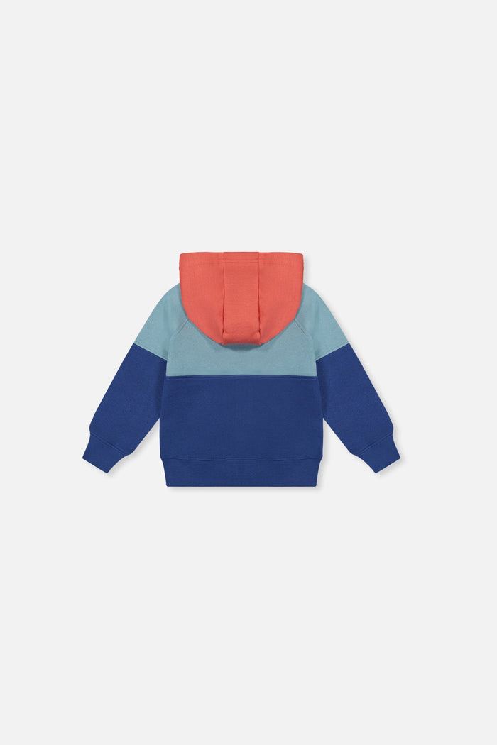 Deux par Deux baby boys hooded fleece jacket, back view with orange hood