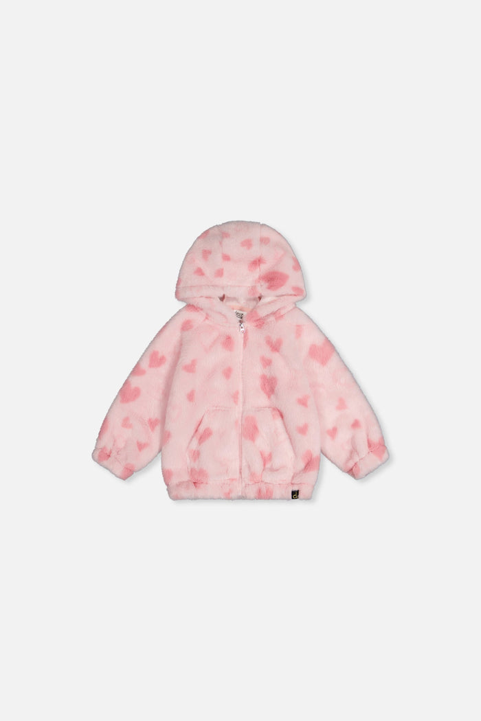 Deux par Deux baby pale pink heart faux fur hooded zip jacket, front view
