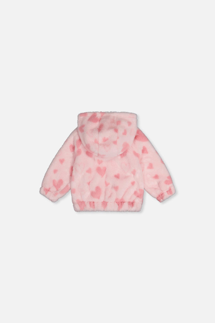 Deux par Deux baby pale pink heart faux fur hooded zip jacket, back view