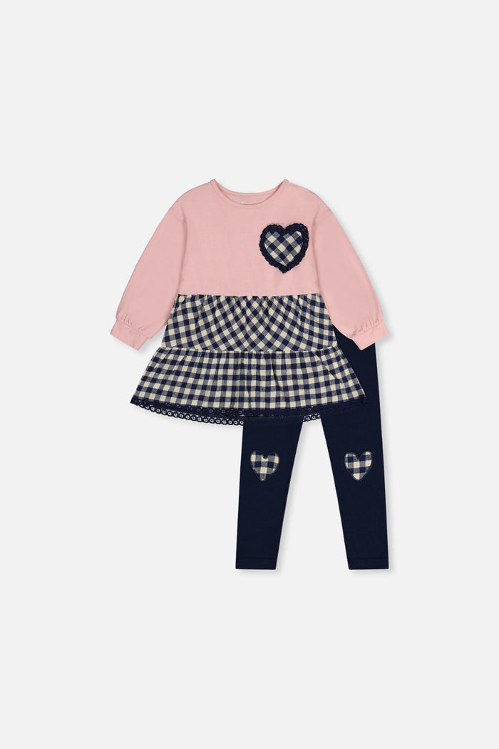 Deux par Deux baby girls' pale dusty pink tunic and navy leggings set, front view