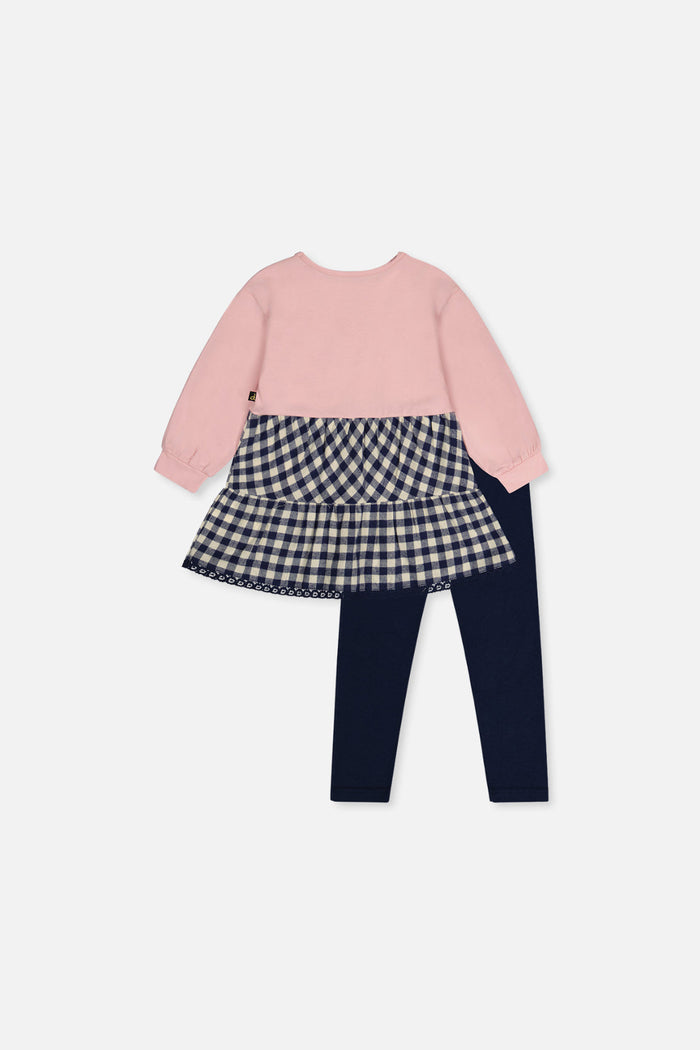 Deux par Deux baby girls' pale dusty pink tunic and navy leggings set, back view
