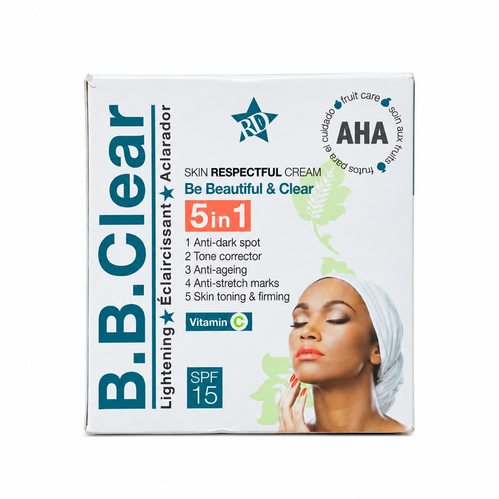 B.B Clear Cream 5-in-1 with Vitamin C in branded packaging, a radiance-boosting skincare cream designed to moisturize and promote smoother, brighter, and more even-looking skin.