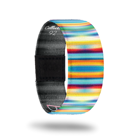 Be Yourself-Sold Out-ZOX - This item is sold out and will not be restocked. Multicolored horizontal lines all over with a blur over top. Inside is black and says Be Yourself.