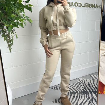 Beige Cropped Ribbon Hoodie Tracksuit