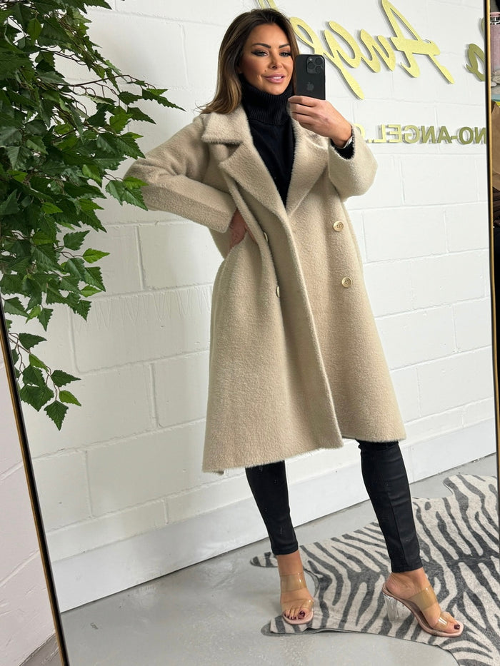 Beige Soft Double Breasted Collared Coat