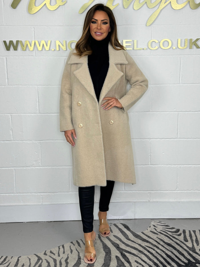 Beige Soft Double Breasted Collared Coat