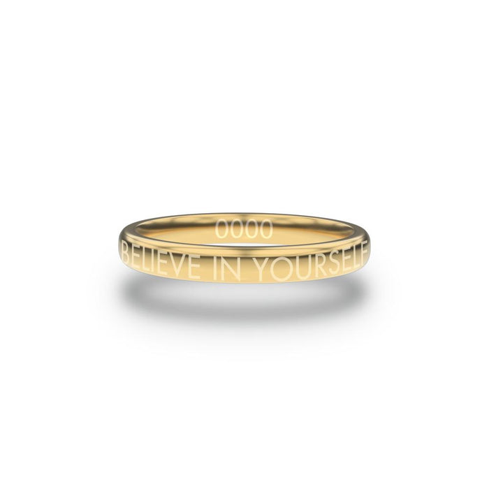 Front design of Believe In Yourself gold ring with sketched in text ‘Believe In Yourself’