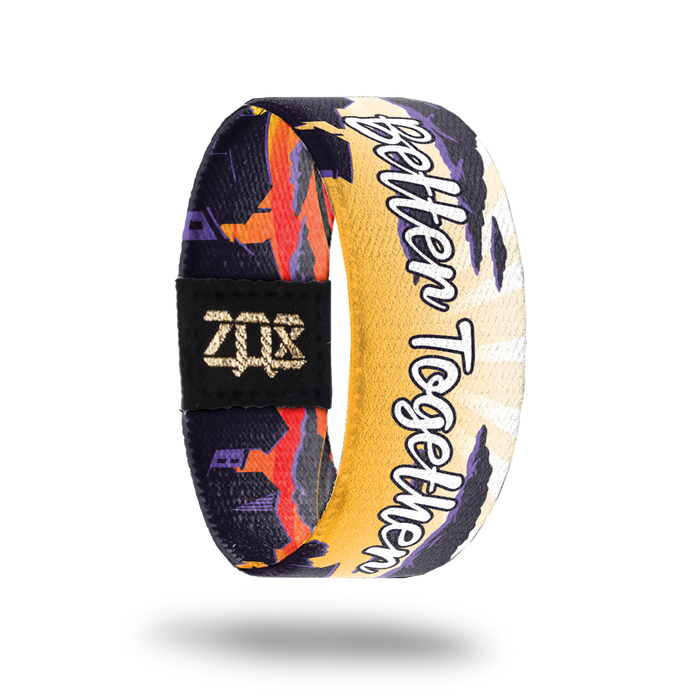 Inside design for Better Together. Yellow sun setting with an subtly blended orange background and grey clouds with Better Together centered in white text
