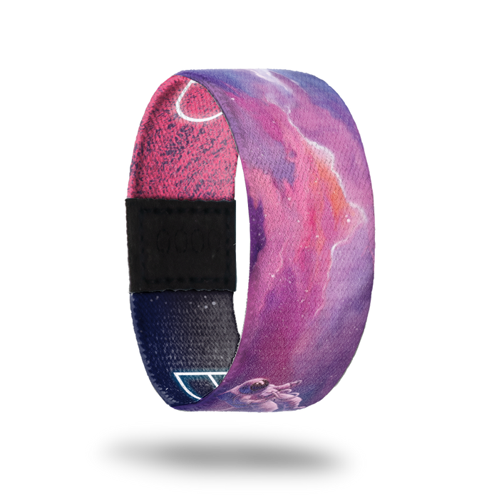 Beyond The Stars-Sold Out-ZOX - This item is sold out and will not be restocked. Pink and purple space sky with small astronaut flying through. Inside is the same and reads BEYOND in glowing letters.