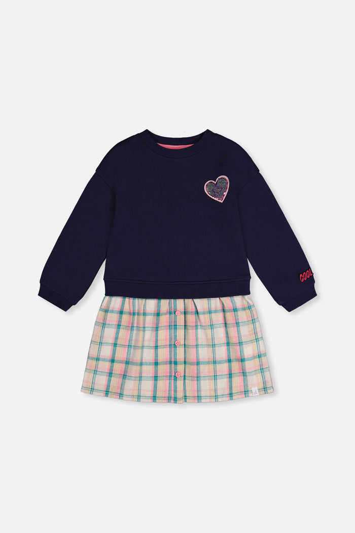 Deux par Deux girls' bi-material dress in dark blue with plaid skirt – front view