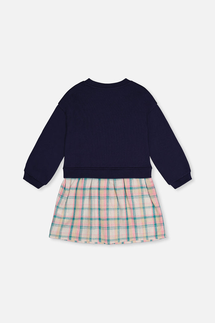Deux par Deux girls' bi-material dress in dark blue with plaid skirt – back view