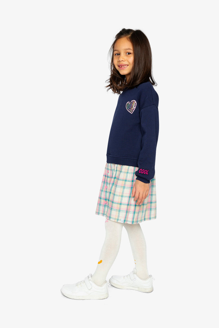 Deux par Deux girls' bi-material dress in dark blue with plaid skirt – worn by a child, second photo