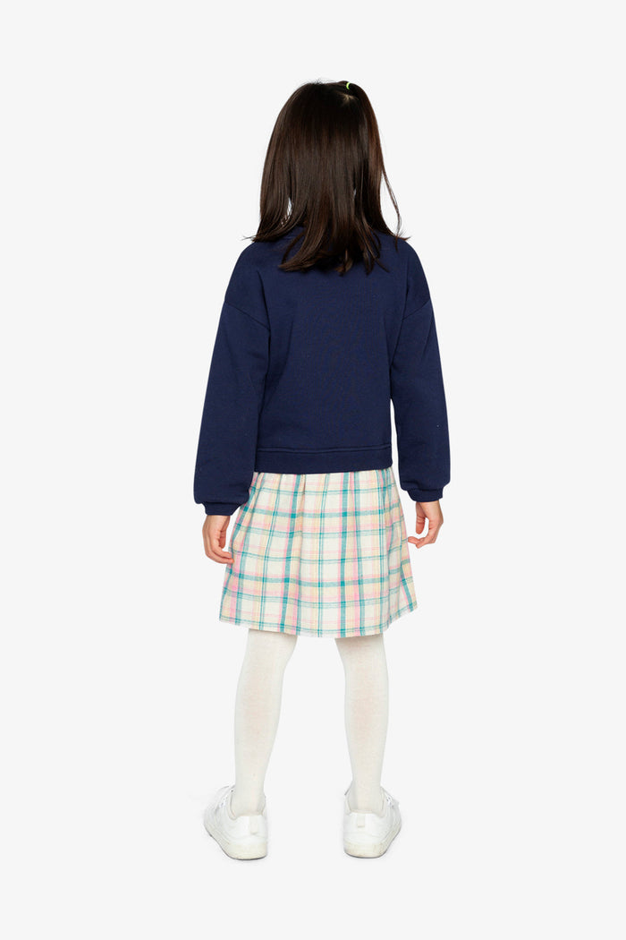 Deux par Deux girls' bi-material dress in dark blue with plaid skirt – worn by a child, third photo
