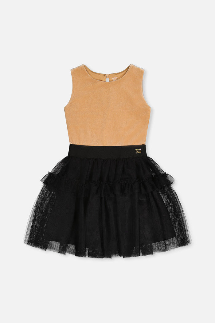 Deux par Deux girls' beige and black sleeveless velour and mesh dress, front view