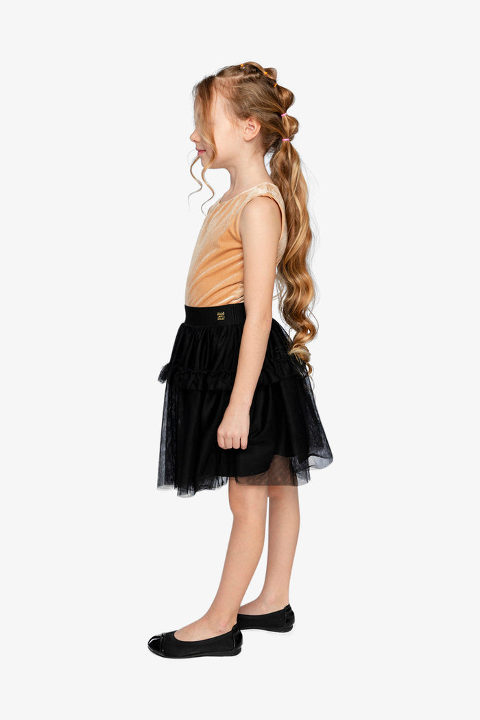 Lookbook: child in the sleeveless velour and mesh dress by Deux par Deux