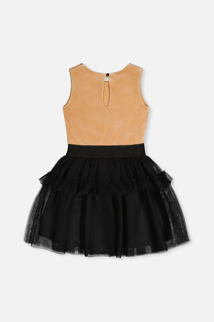 Deux par Deux girls' beige and black sleeveless velour and mesh dress, back view