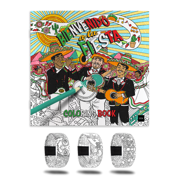White strap with fine line drawings of Mexican culture inside and outside. Comes with matching coloring book and reads Bienvenido a la Fiesta.