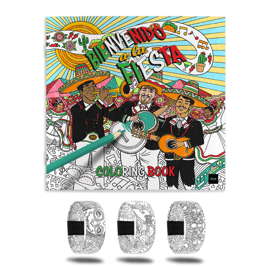 White strap with fine line drawings of Mexican culture inside and outside. Comes with matching coloring book and reads Bienvenido a la Fiesta.
