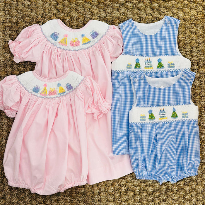 Birthday Boy Smocked Bubble in Light Blue Gingham