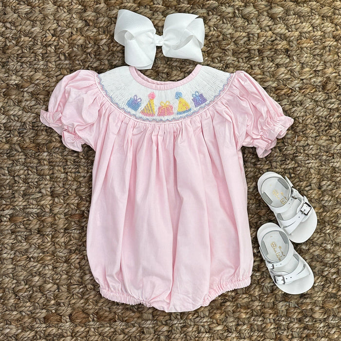 Birthday Girl Smocked Romper in Pink
