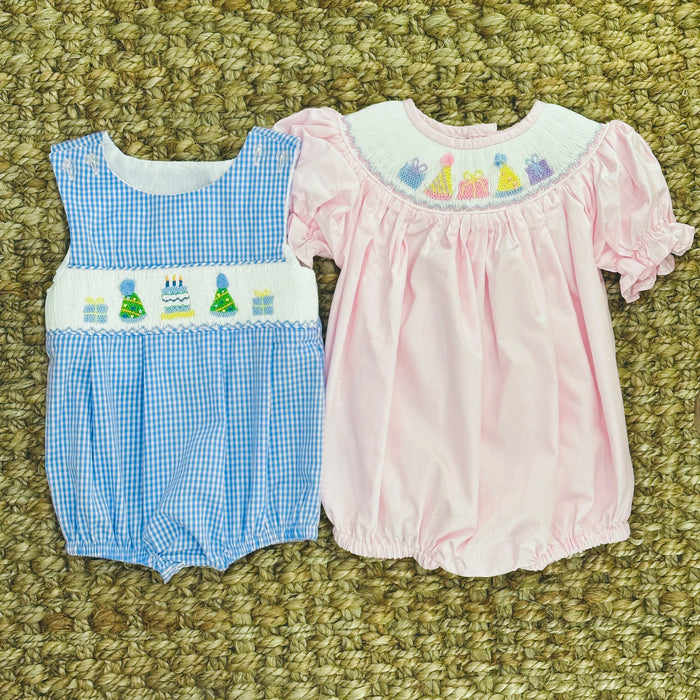 Birthday Girl Smocked Romper in Pink