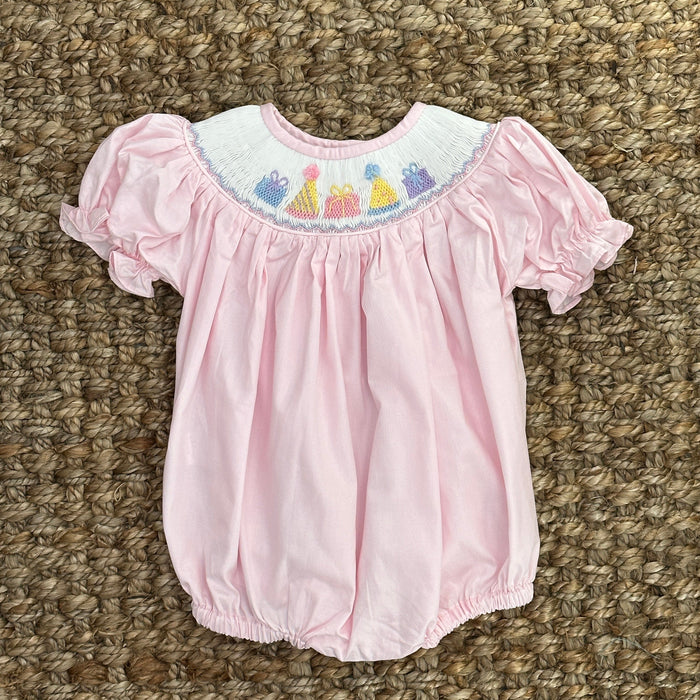 Birthday Girl Smocked Romper in Pink