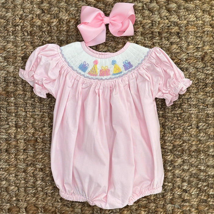Birthday Girl Smocked Romper in Pink