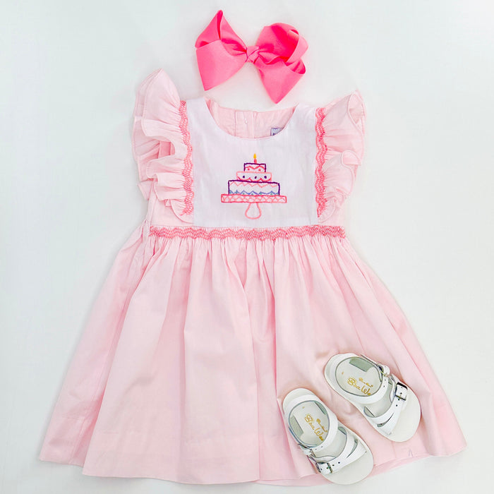 Birthday Smocked Avignon Dress - Embroidered Cake on Pink!