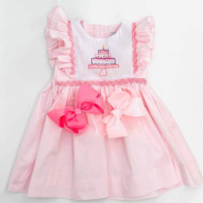Birthday Smocked Avignon Dress - Embroidered Cake on Pink!