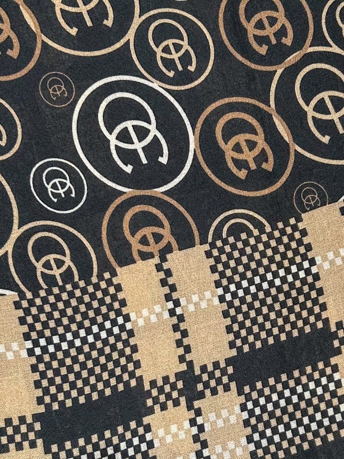 Black & Camel Circle & Check Woven Print Scarf
