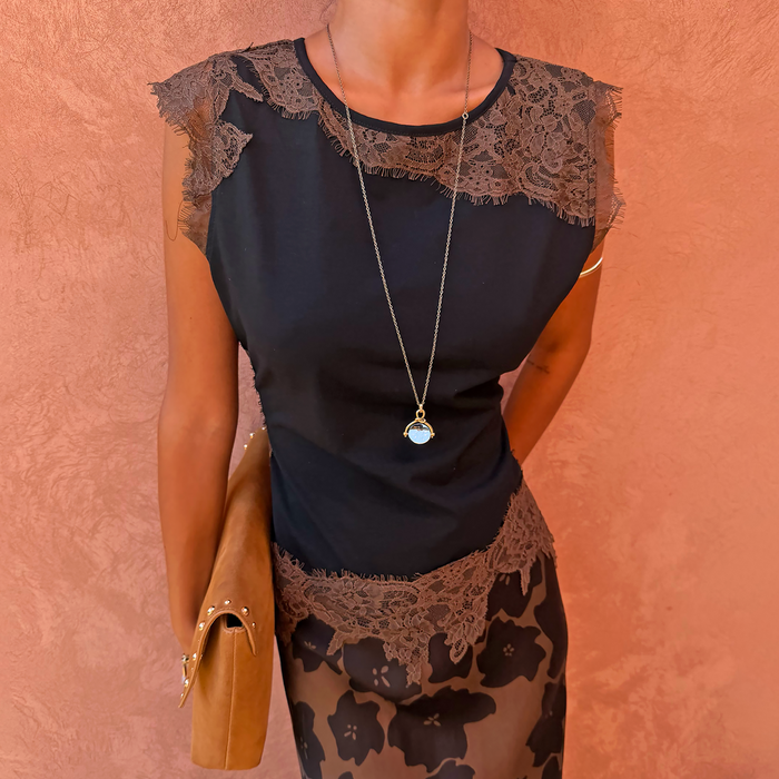 Black and Chocolate Lace Jersey Top with lace trim at the neckline, shoulders and hem, worn by a model.