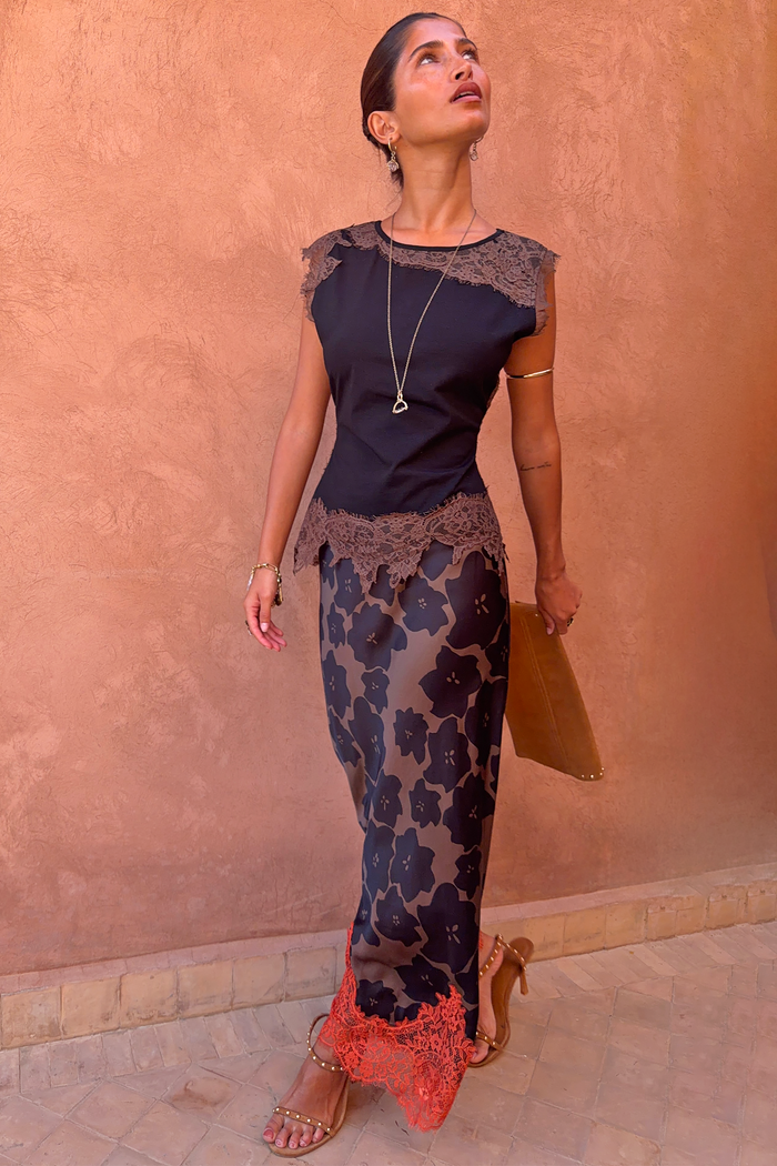Black and Chocolate Lace Jersey Top with chocolate lace trim, paired with a floral maxi skirt and red lace hem.
