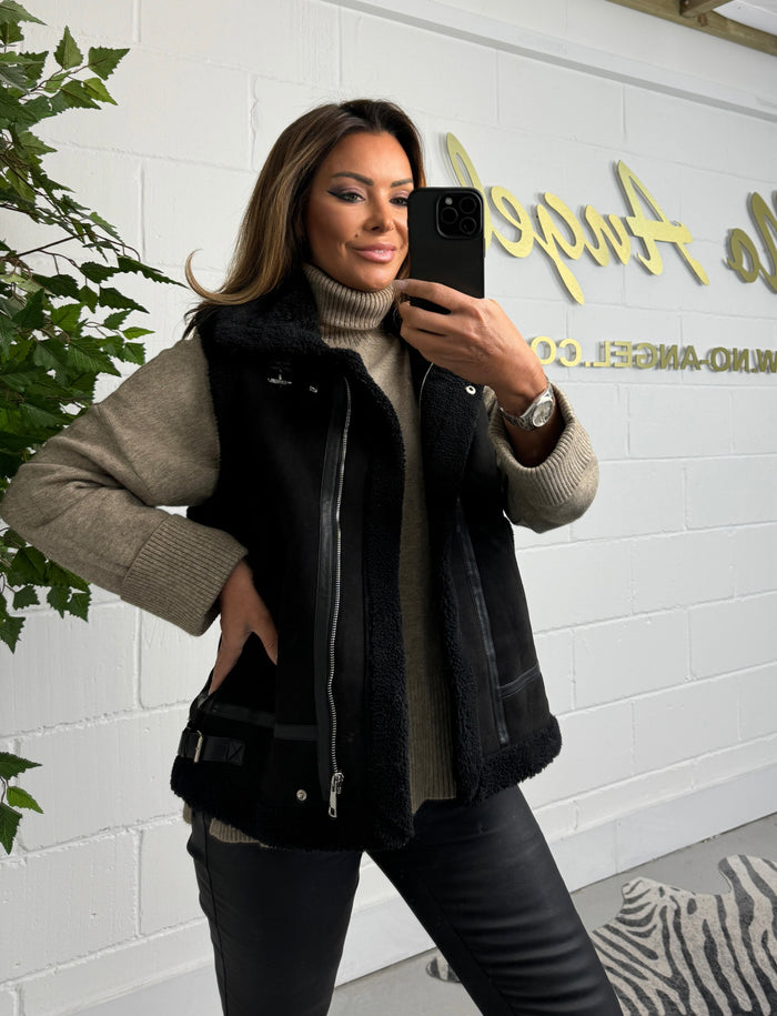 Black Faux Suede Buckle Detail Wool Like Lined Gilet