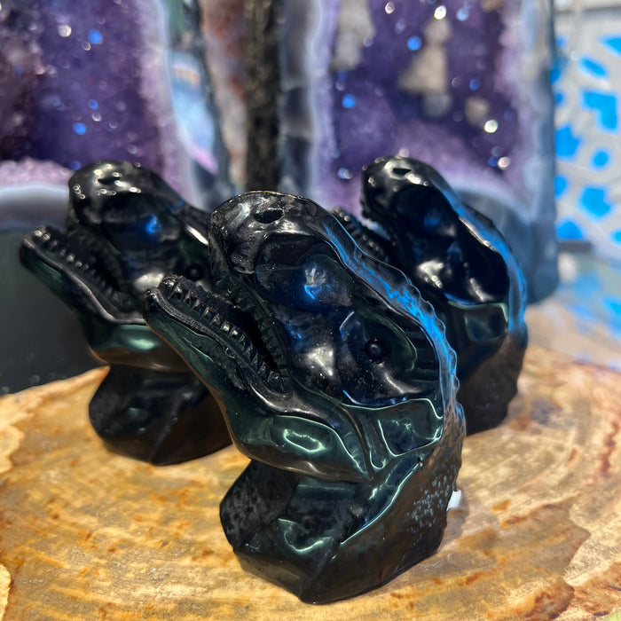 Black Obsidian T-Rex Dinosaur Head Figurine