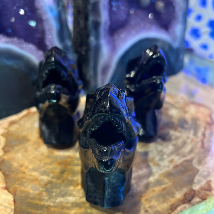 Black Obsidian T-Rex Dinosaur Head Figurine