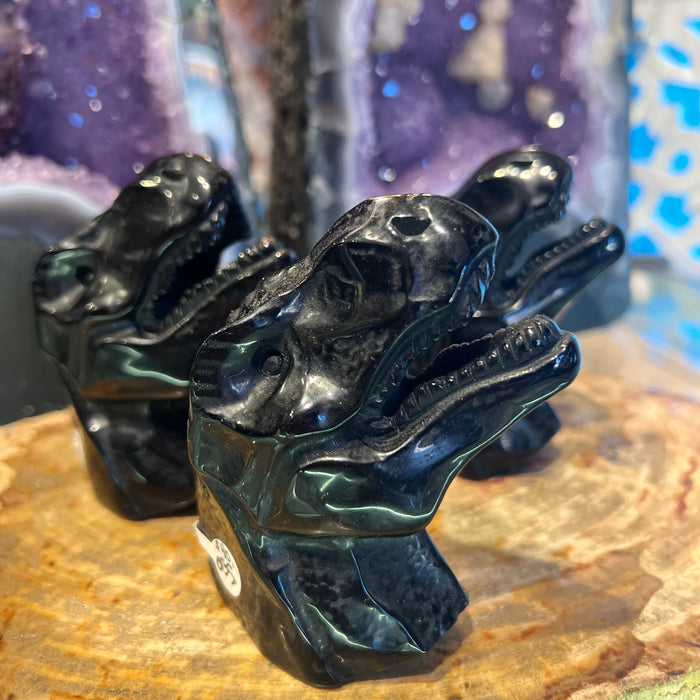 Black Obsidian T-Rex Dinosaur Head Figurine