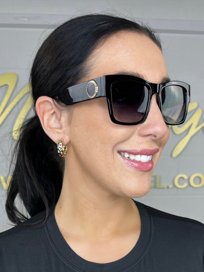 Black Rectangle Square Shaped Sunglasses With Gold Circle Detailing