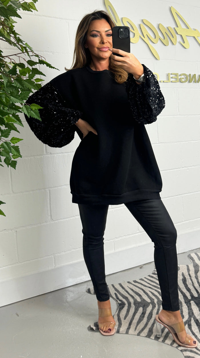 Black Sequin Balloon Sleeve Sweatshirt (2 Colours)