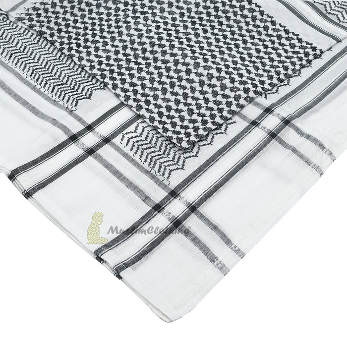 Black White Keffiyeh Arafat Scarf Shemagh 120x120 cm Wide White Borders