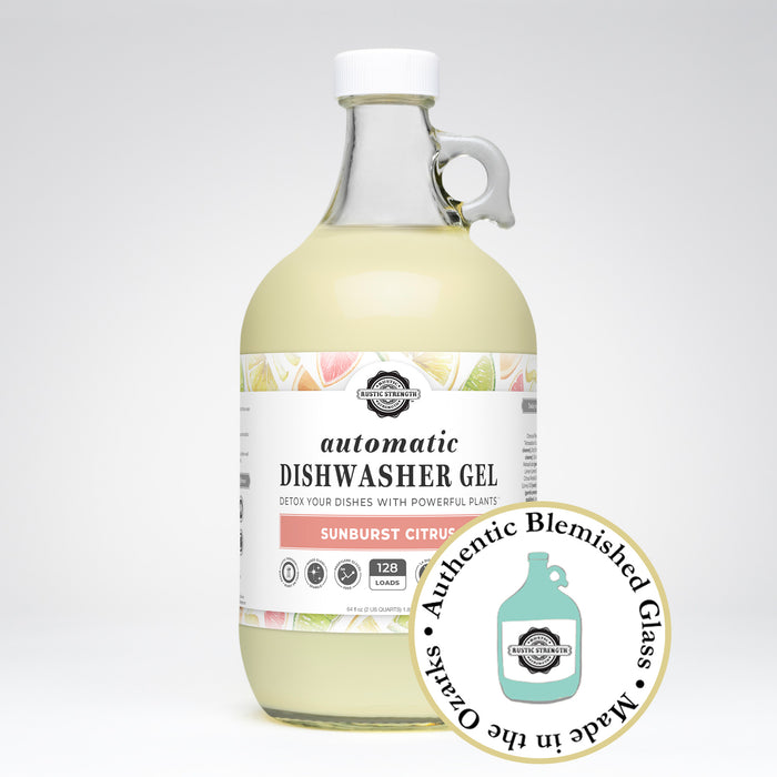 Rustic Strength, Automatic Dishwasher Gel, Half Gallon, Glass Jug, Sunburst Citrus, with badge that reads, "Authentic Blemished Glass, Made in the Ozarks"