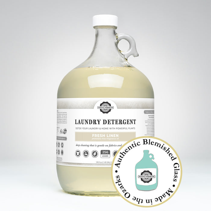 Laundry Detergent, Laundry Detergent, 1 Gallon, Glass Jug, Fresh Linen with badge that reads, "Authentic Blemished Glass, Made in the Ozarks"