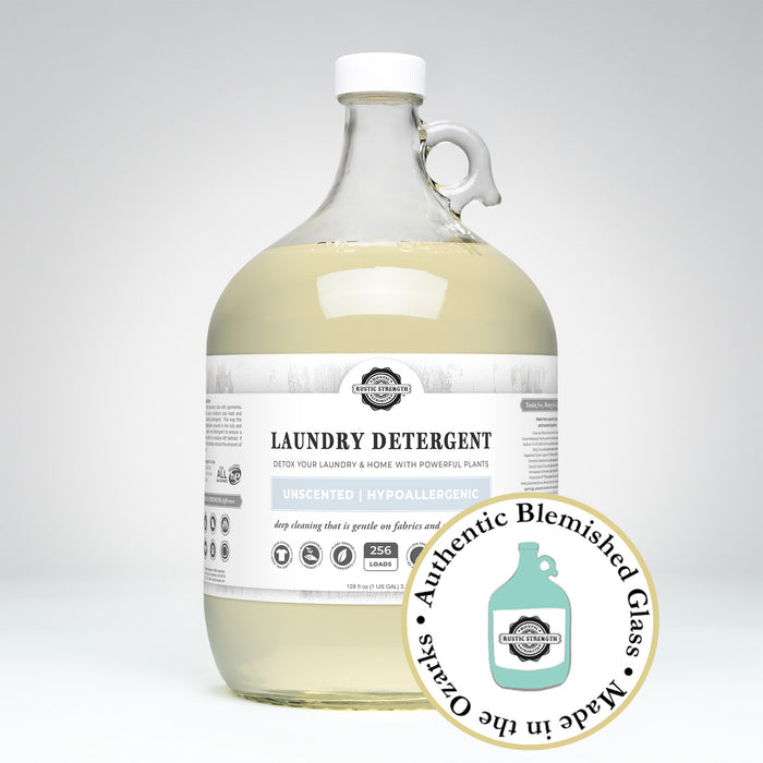 Rustic Strength, Laundry Detergent, 1 Gallon, Glass Jug, Unscented with badge that reads, "Authentic Blemished Glass, Made in the Ozarks"