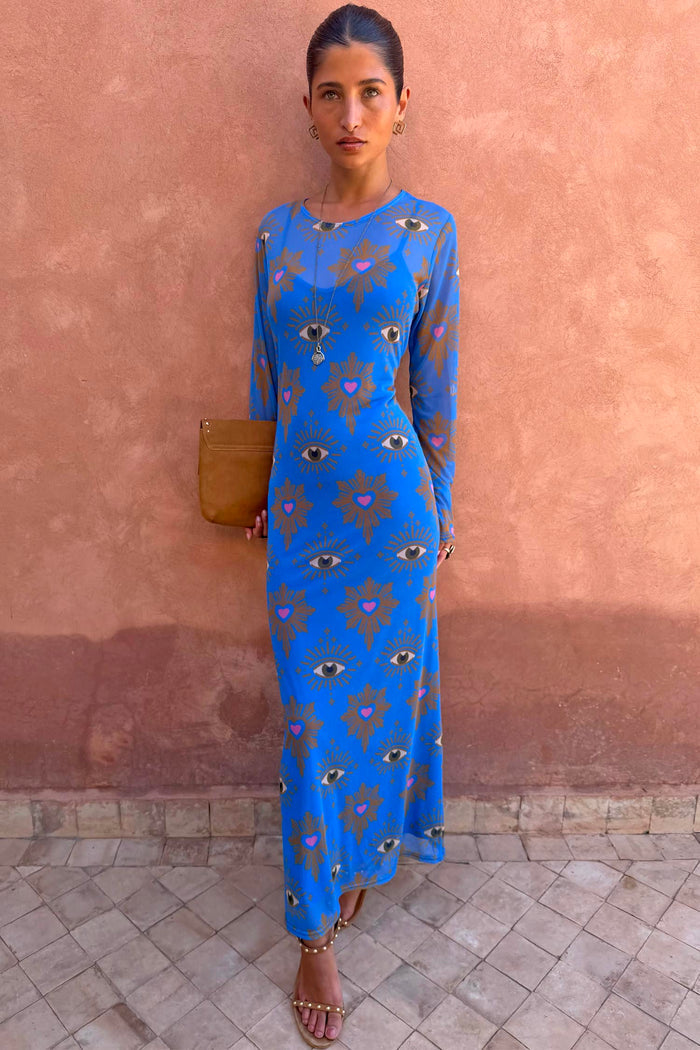 Blue Eye Mesh Dress Petite in a fitted stretch mesh maxi style with iconic heart and eye motifs.