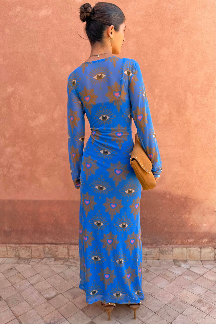 Blue Eye Mesh Dress Petite featuring heart and eye prints in stretch mesh, shown from the back.