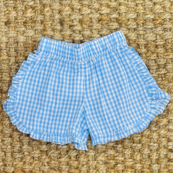 Blue Gingham Girls Shorts with Ruffles