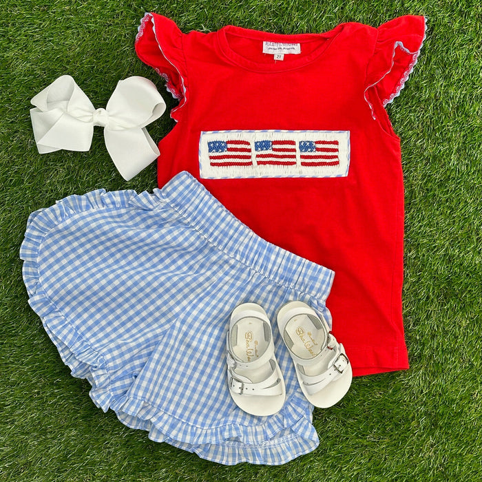 Blue Gingham Girls Shorts with Ruffles