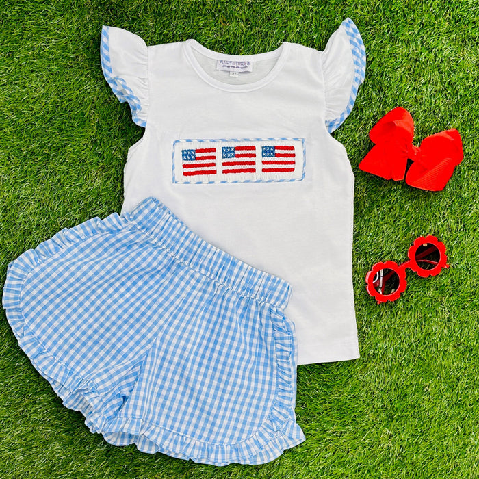 Blue Gingham Girls Shorts with Ruffles