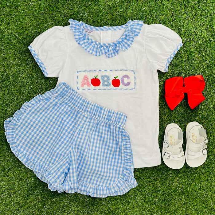Blue Gingham Girls Shorts with Ruffles
